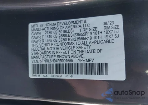 2024 Honda Odyssey Elite из США, поврежденный, VIN 5FNRL6H94RB001655